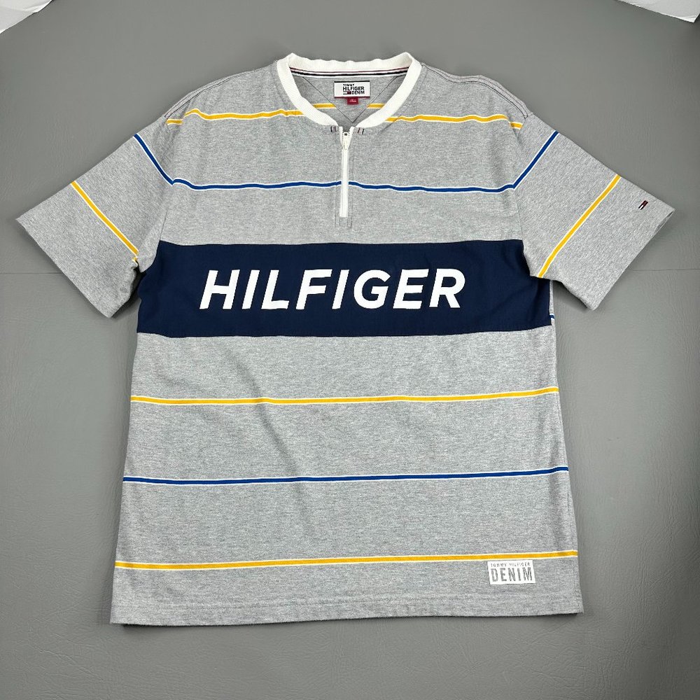 Tommy Hilfiger Denim Mens Size M Gray Yellow Blue Striped 1/4 Zip Pullover Shirt